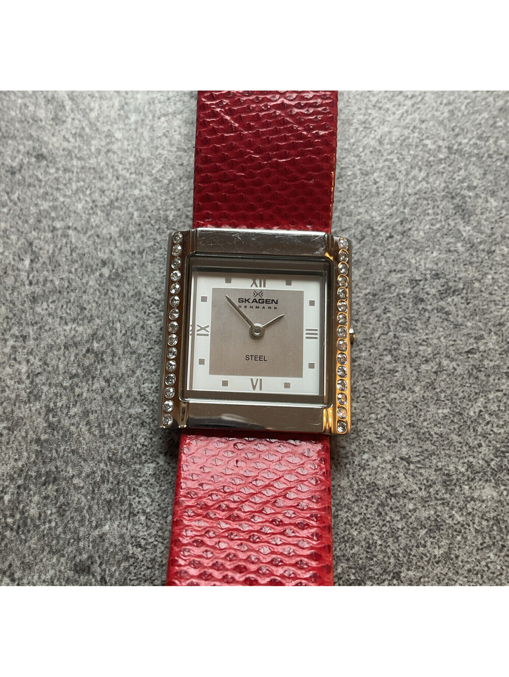 Skagen Womens Watch 24mm Silver Tone Case W/Crystal Accent Bezel Leather Band BQ